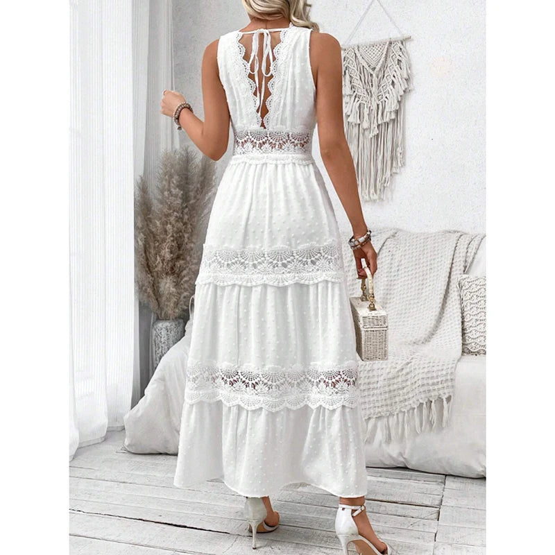 Fitshinling Boho Lace Maxi Dress| Elegant bohemian lace maxi dress with a sexy V-neck and sleeveless design.