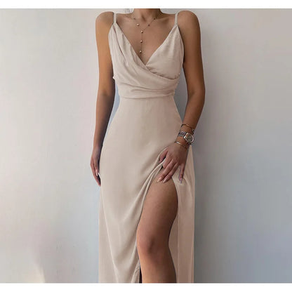 Luxury Evening Party Maxi Dress | Sexy halter maxi dress with a deep V-neck and high slit, perfect for elegant evening events.