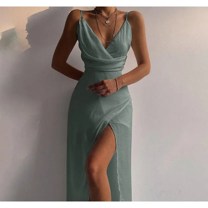 Luxury Evening Party Maxi Dress | Sexy halter maxi dress with a deep V-neck and high slit, perfect for elegant evening events.