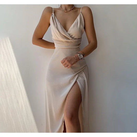 Luxury Evening Party Maxi Dress | Sexy halter maxi dress with a deep V-neck and high slit, perfect for elegant evening events.