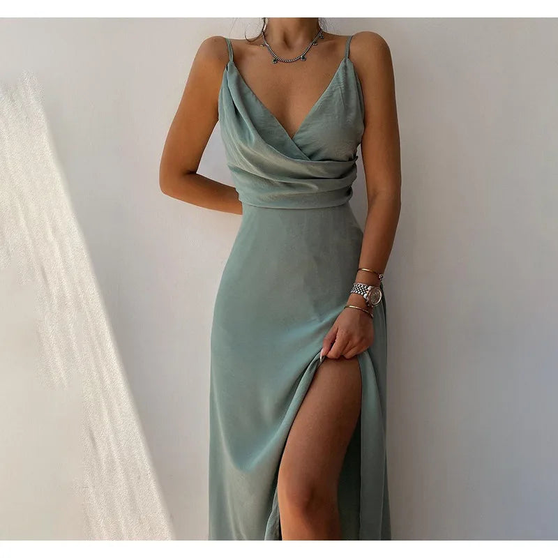 Luxury Evening Party Maxi Dress | Sexy halter maxi dress with a deep V-neck and high slit, perfect for elegant evening events.