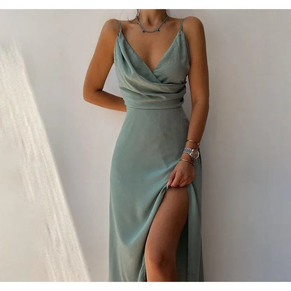 Luxury Evening Party Maxi Dress | Sexy halter maxi dress with a deep V-neck and high slit, perfect for elegant evening events.