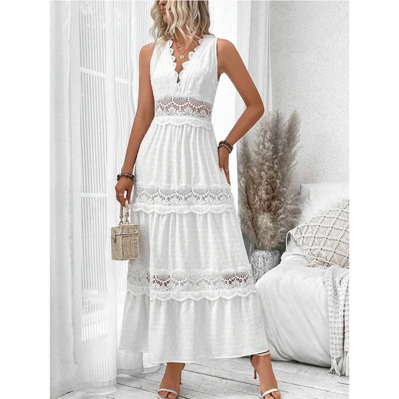 Fitshinling Boho Lace Maxi Dress| Elegant bohemian lace maxi dress with a sexy V-neck and sleeveless design.
