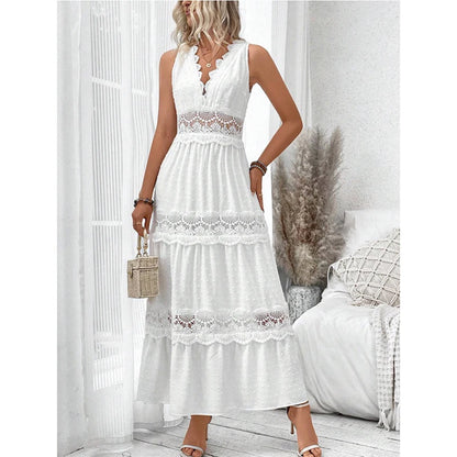 Fitshinling Boho Lace Maxi Dress| Elegant bohemian lace maxi dress with a sexy V-neck and sleeveless design.