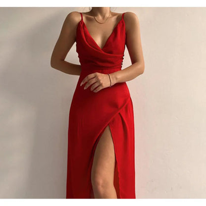 Luxury Evening Party Maxi Dress | Sexy halter maxi dress with a deep V-neck and high slit, perfect for elegant evening events.