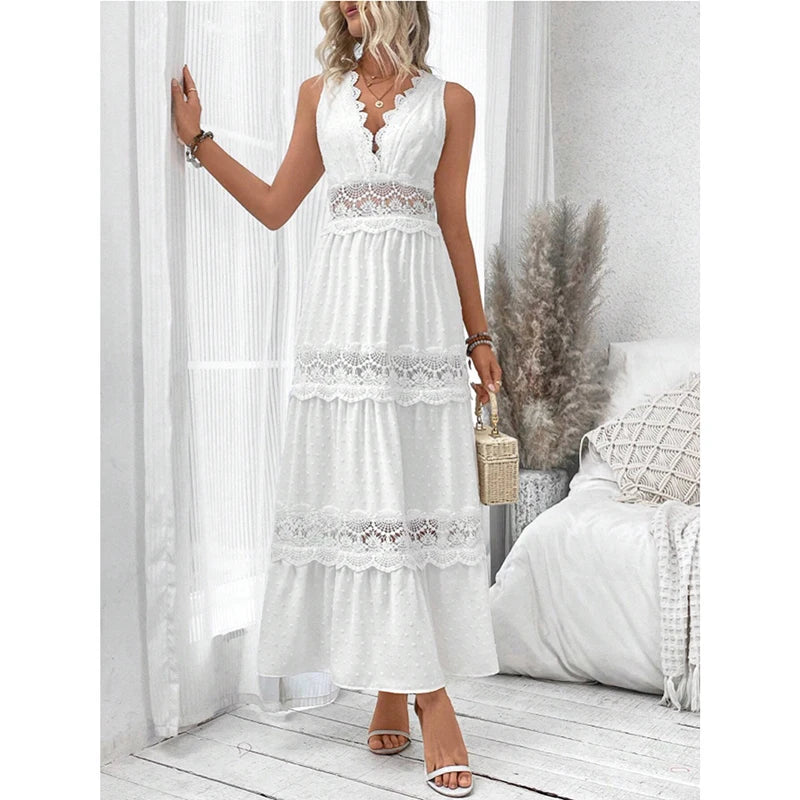 Fitshinling Boho Lace Maxi Dress| Elegant bohemian lace maxi dress with a sexy V-neck and sleeveless design.