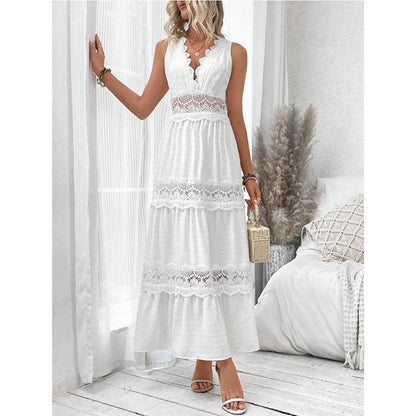 Fitshinling Boho Lace Maxi Dress| Elegant bohemian lace maxi dress with a sexy V-neck and sleeveless design.