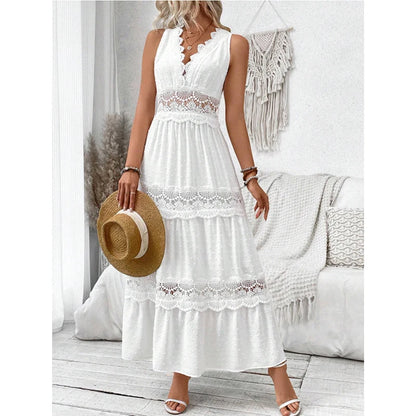 Fitshinling Boho Lace Maxi Dress| Elegant bohemian lace maxi dress with a sexy V-neck and sleeveless design.