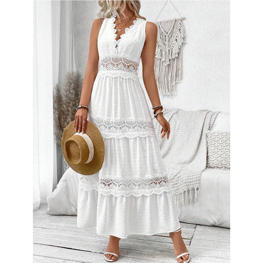 Fitshinling Boho Lace Maxi Dress| Elegant bohemian lace maxi dress with a sexy V-neck and sleeveless design.