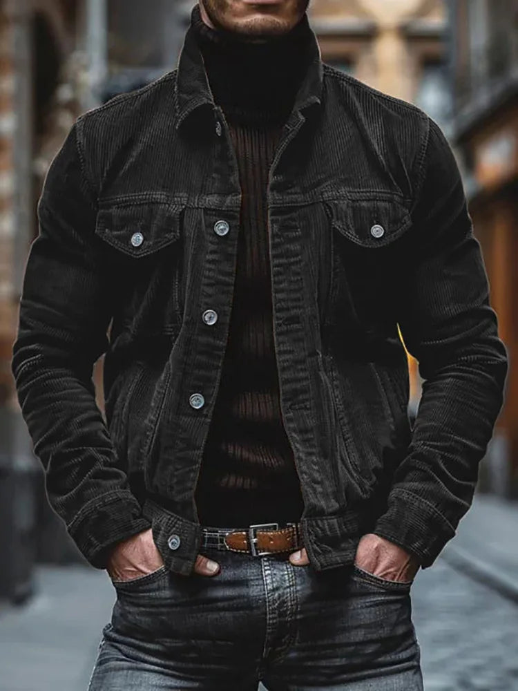 Casual Streetwear Plaid Jacket| Men's casual plaid coat with a turtleneck, loose-fit long-sleeve jacket with a pocket, stylish and simple streetwear.