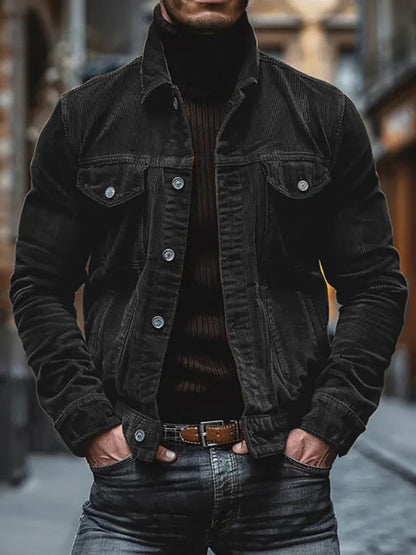 Casual Streetwear Plaid Jacket| Men's casual plaid coat with a turtleneck, loose-fit long-sleeve jacket with a pocket, stylish and simple streetwear.