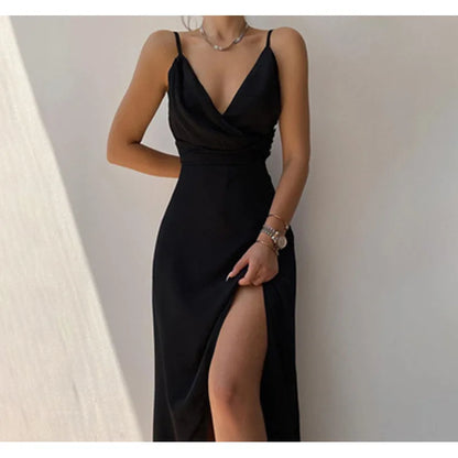 Luxury Evening Party Maxi Dress | Sexy halter maxi dress with a deep V-neck and high slit, perfect for elegant evening events.