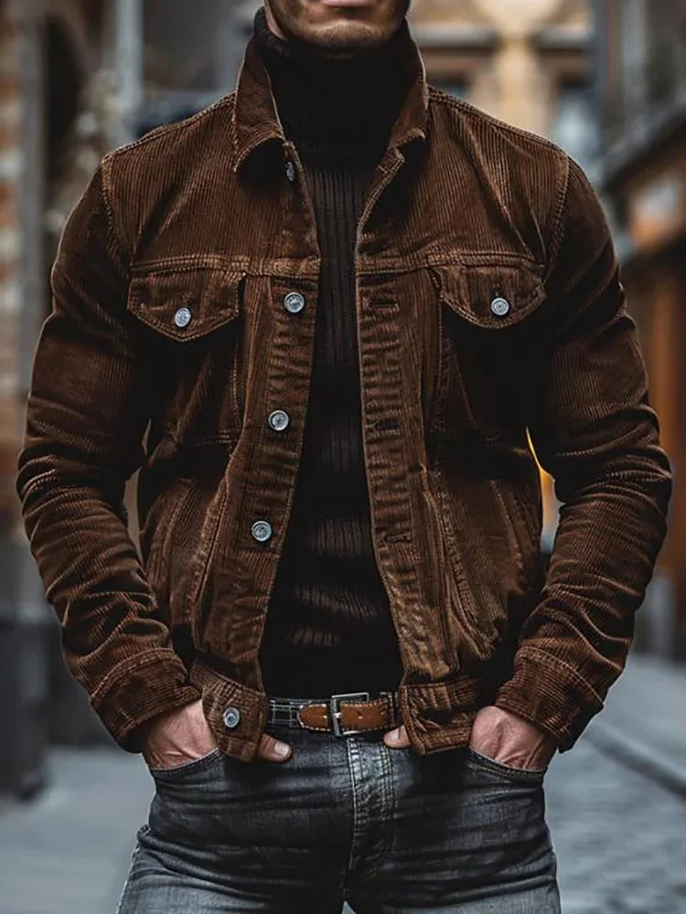 Casual Streetwear Plaid Jacket| Men's casual plaid coat with a turtleneck, loose-fit long-sleeve jacket with a pocket, stylish and simple streetwear.
