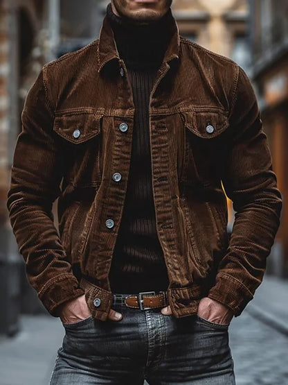 Casual Streetwear Plaid Jacket| Men's casual plaid coat with a turtleneck, loose-fit long-sleeve jacket with a pocket, stylish and simple streetwear.