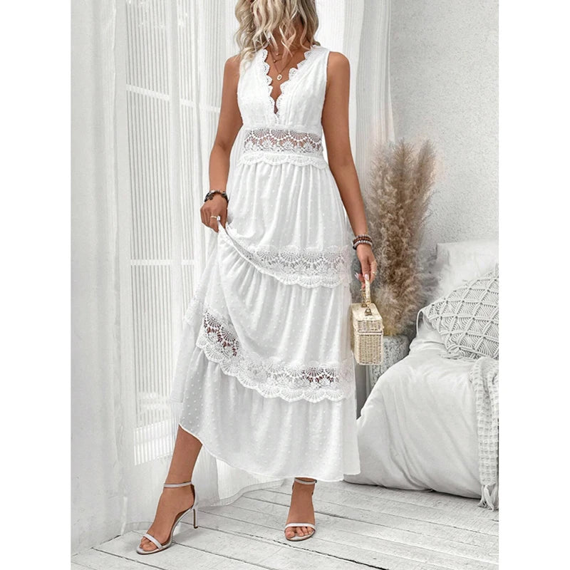 Fitshinling Boho Lace Maxi Dress| Elegant bohemian lace maxi dress with a sexy V-neck and sleeveless design.