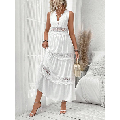 Fitshinling Boho Lace Maxi Dress| Elegant bohemian lace maxi dress with a sexy V-neck and sleeveless design.