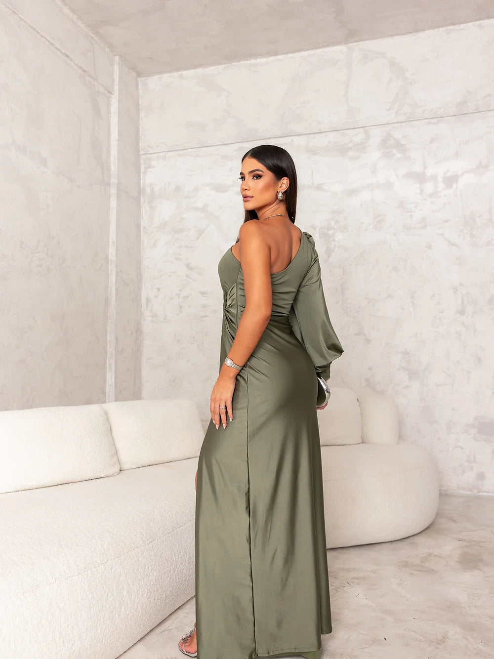 Raglan Plaid Sexy Slit Maxi| New Women's Clothing Raglan Plaid Waist-Fitted Side Slit Sexy Long Dress European And American Style Fashion